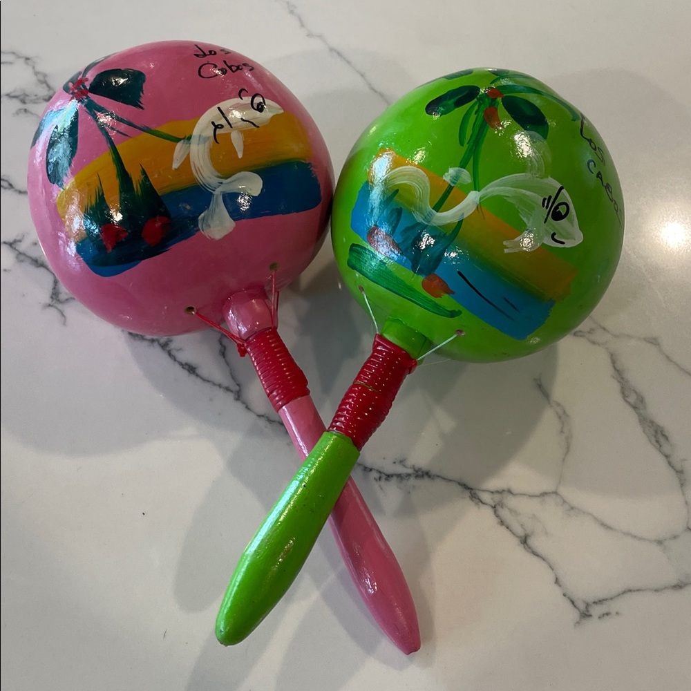 Hand Painted Mexican Gourd Maraca Shakers, set of two from Los Cabos